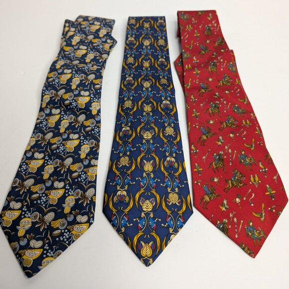 Set Of 3 Salvatore Ferragamo Mens Multicolor Printed Silk Pointed Tie - Picture 1 of 4